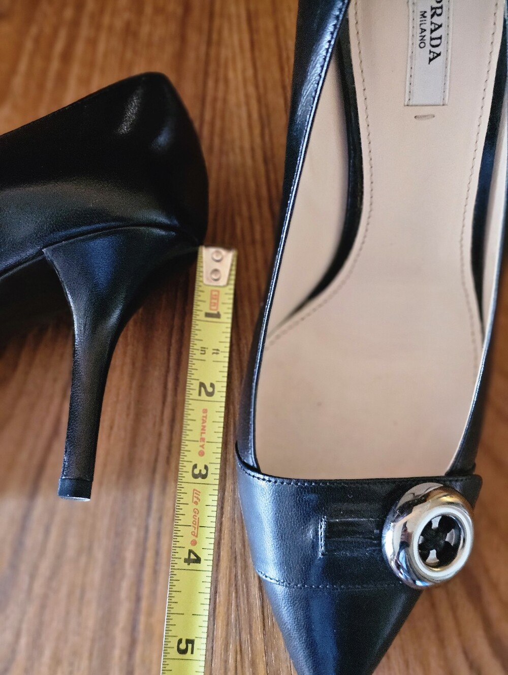 PRADA Black Leather Button Heels Point Toe Sz 40.5 - Picture 10 of 16